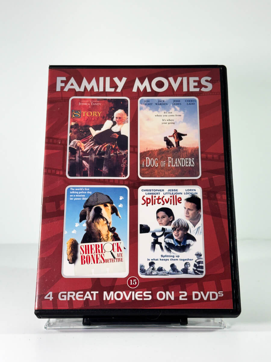 Forside av cover til family movies 4 great movies on 2 dvds, bruktfilm på DVD hos Brukbar Film