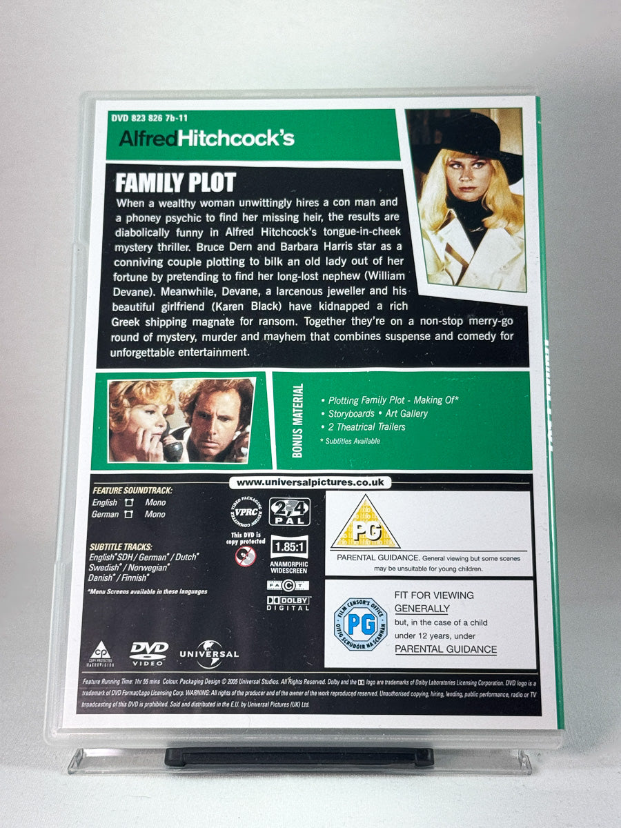 Bakside av DVD-cover for Family Plot – mystikk og bedrag i klassisk Hitchcock-stil, brukt DVD hos Brukbar Film.