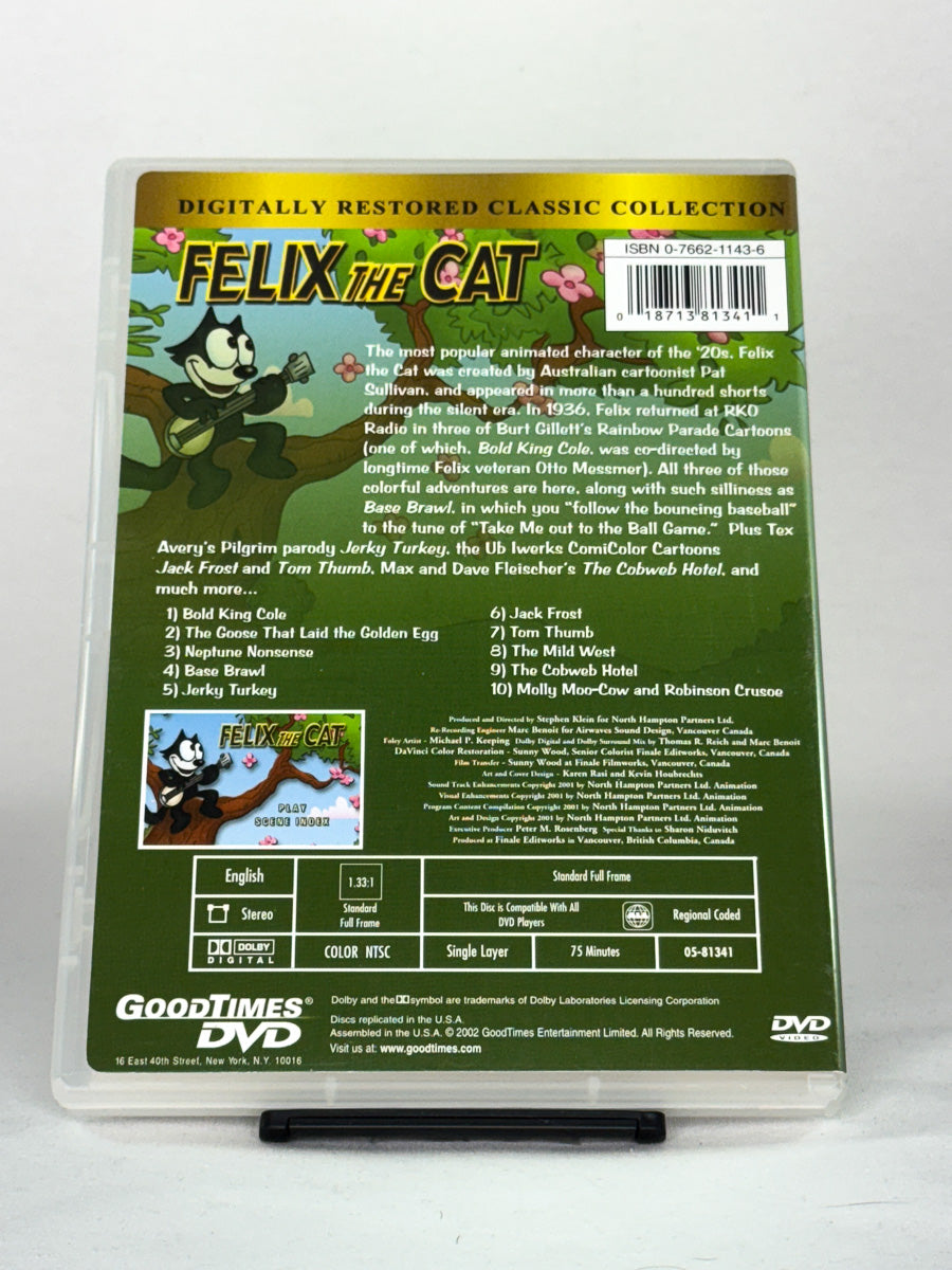Bakside av DVD-cover for Felix the Cat – brukt original tegnefilmklassiker, perfekt for samlere av klassiske animasjonsfilmer hos Brukbar Film