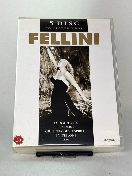 Forside av DVD-boksen Fellini – 5 Disc Collector’s Box med klassiske italienske filmer, brukt samleboks fra Brukbar Film