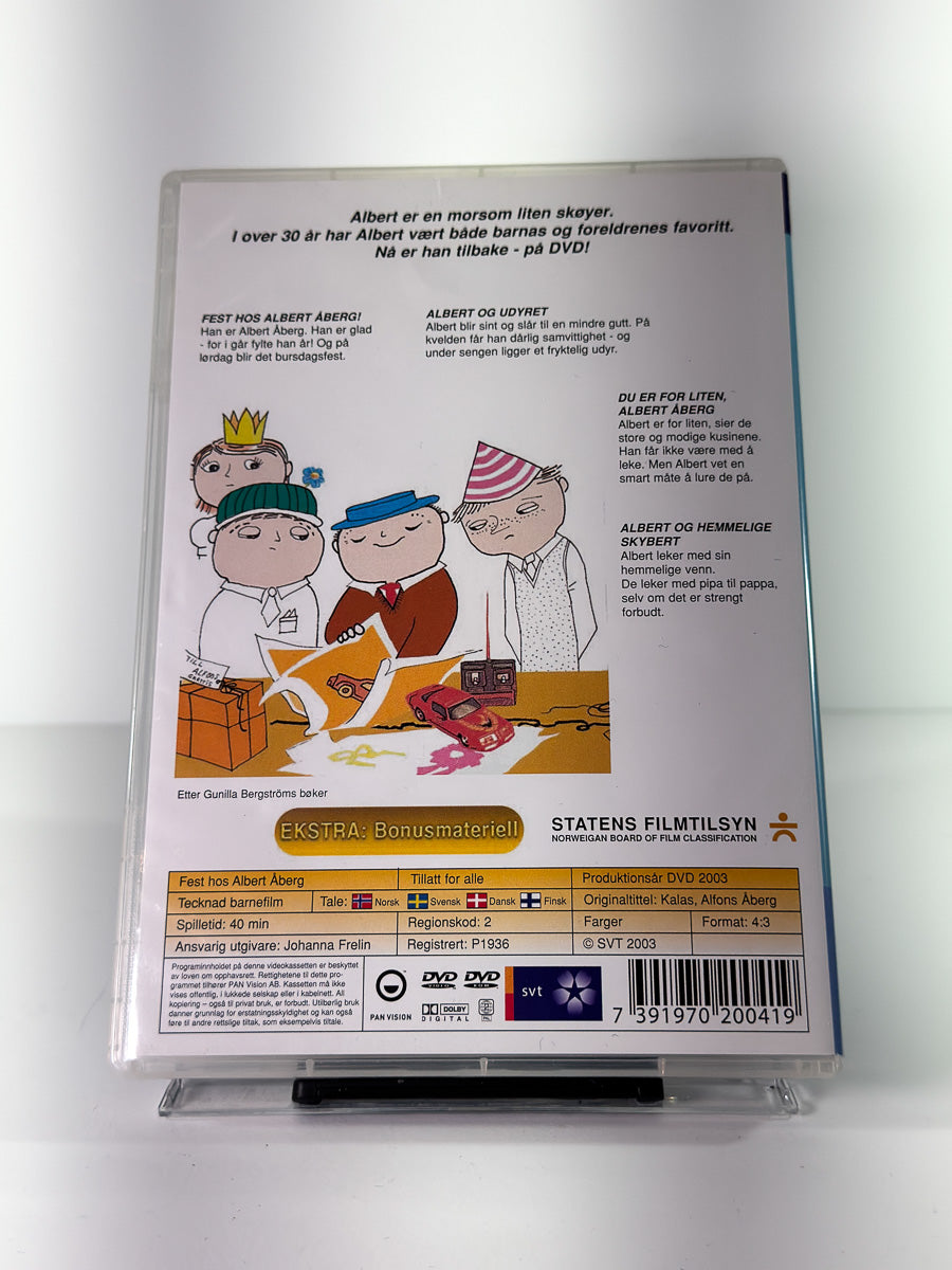 Bakside av cover til Fest hos Albert Åberg! Bruktfilm på DVD hos Brukbar Film