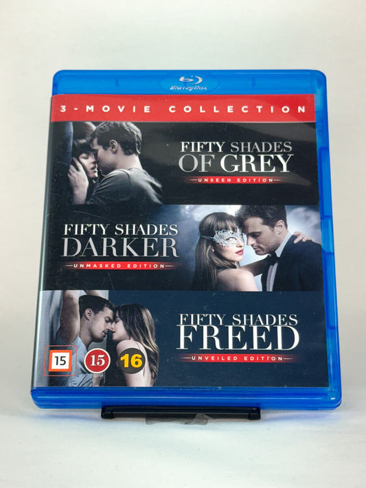 Forside av Fifty Shades Collection Blu-ray-cover – brukt samleboks med alle tre filmene i serien, hos Brukbar Film