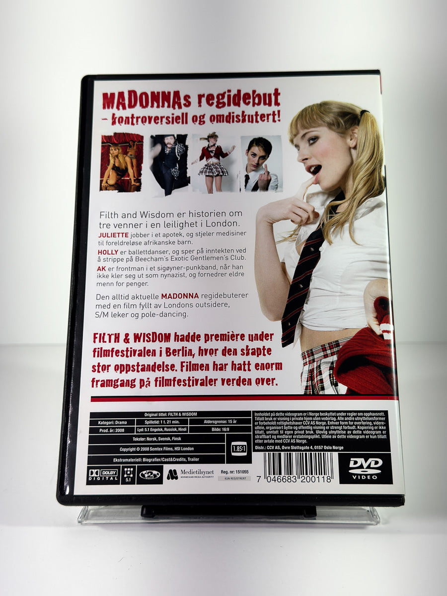 Bakside av cover til Filth and Wisdom, brukt original DVD hos Brukbar Film