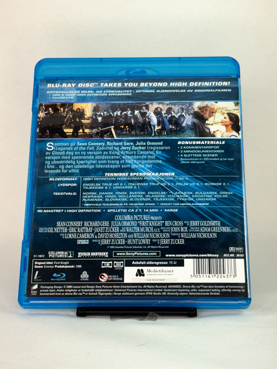 Bakside av Blu-ray-cover til First Knight – Kongens riddere – brukt originalfilm i middelaldersk setting, tilgjengelig hos Brukbar Film