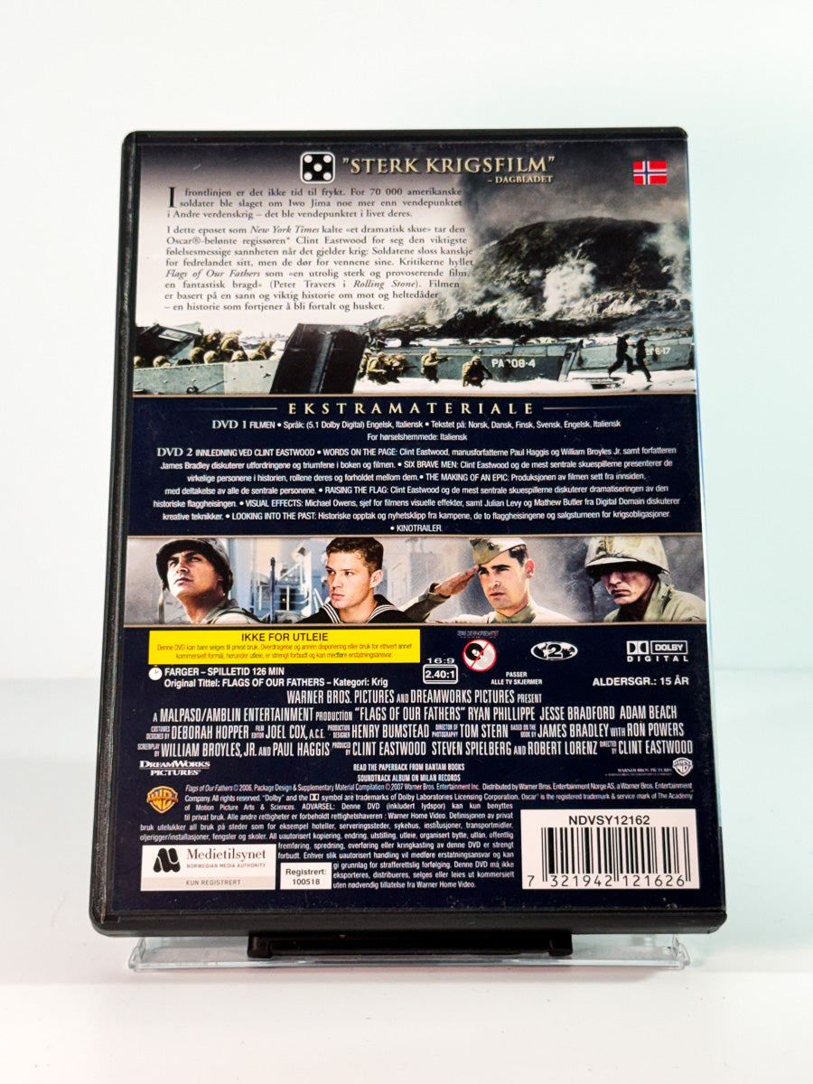 Bakside av cover til flags of our fathers, brukt DVD hos Brukbar Film