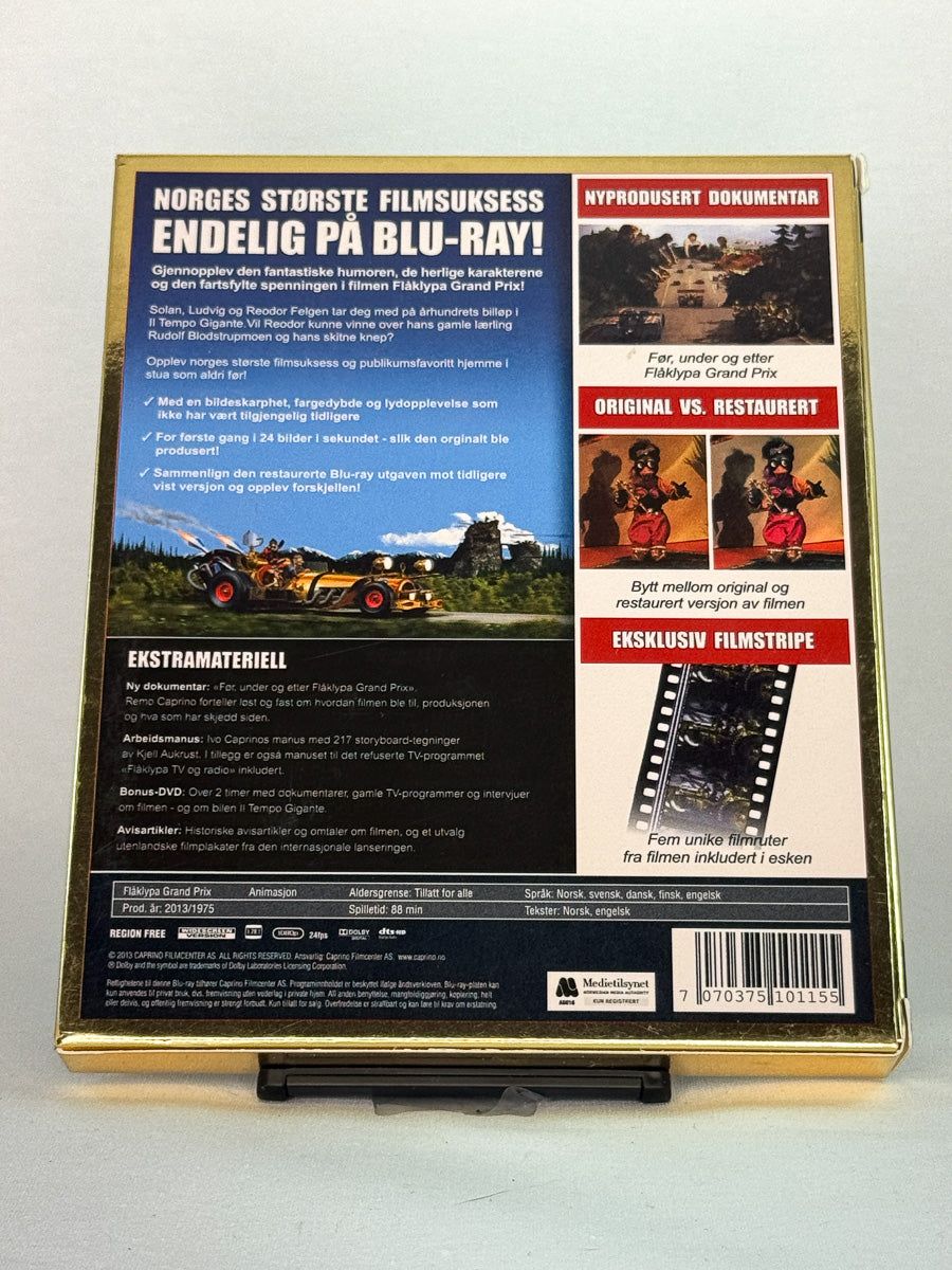 Bakside av Blu-ray-cover til Flåklypa Grand Prix – detaljer om denne norske klassikeren på brukt Blu-ray fra Brukbar Film