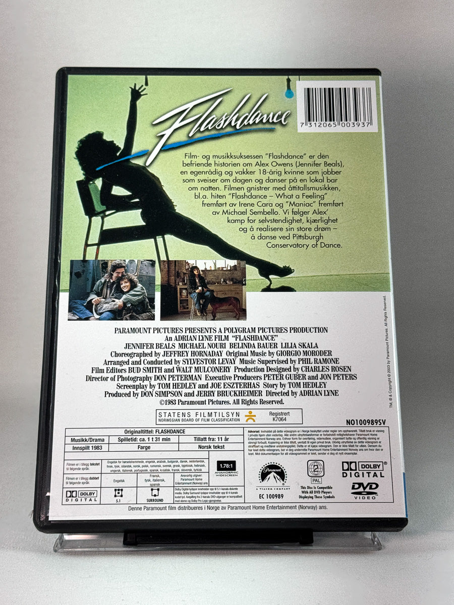 Flashdance – bakside av DVD-cover med filminfo, brukt klassiker hos Brukbar Film