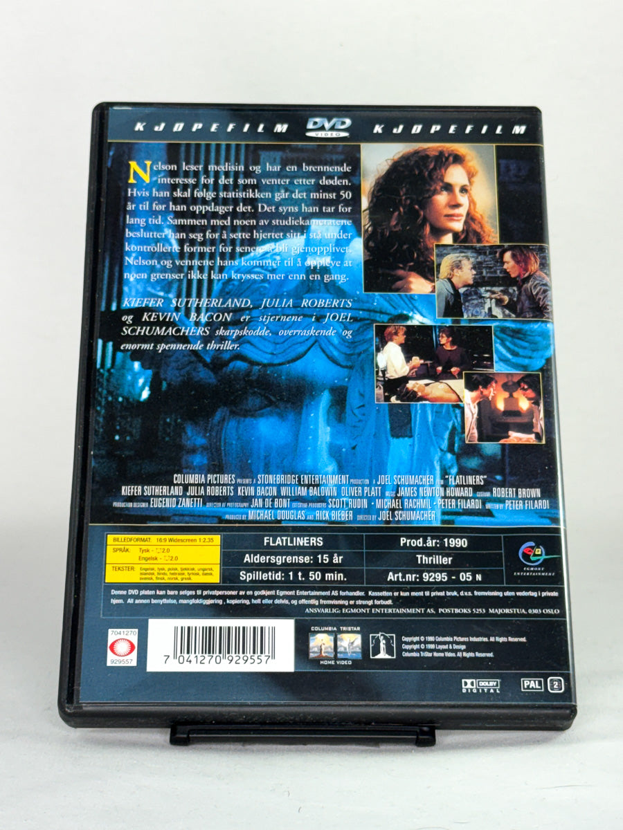 Bakside av DVD-cover til Flatliners – Inn i det ukjente – brukt originalfilm på DVD, selges hos Brukbar Film