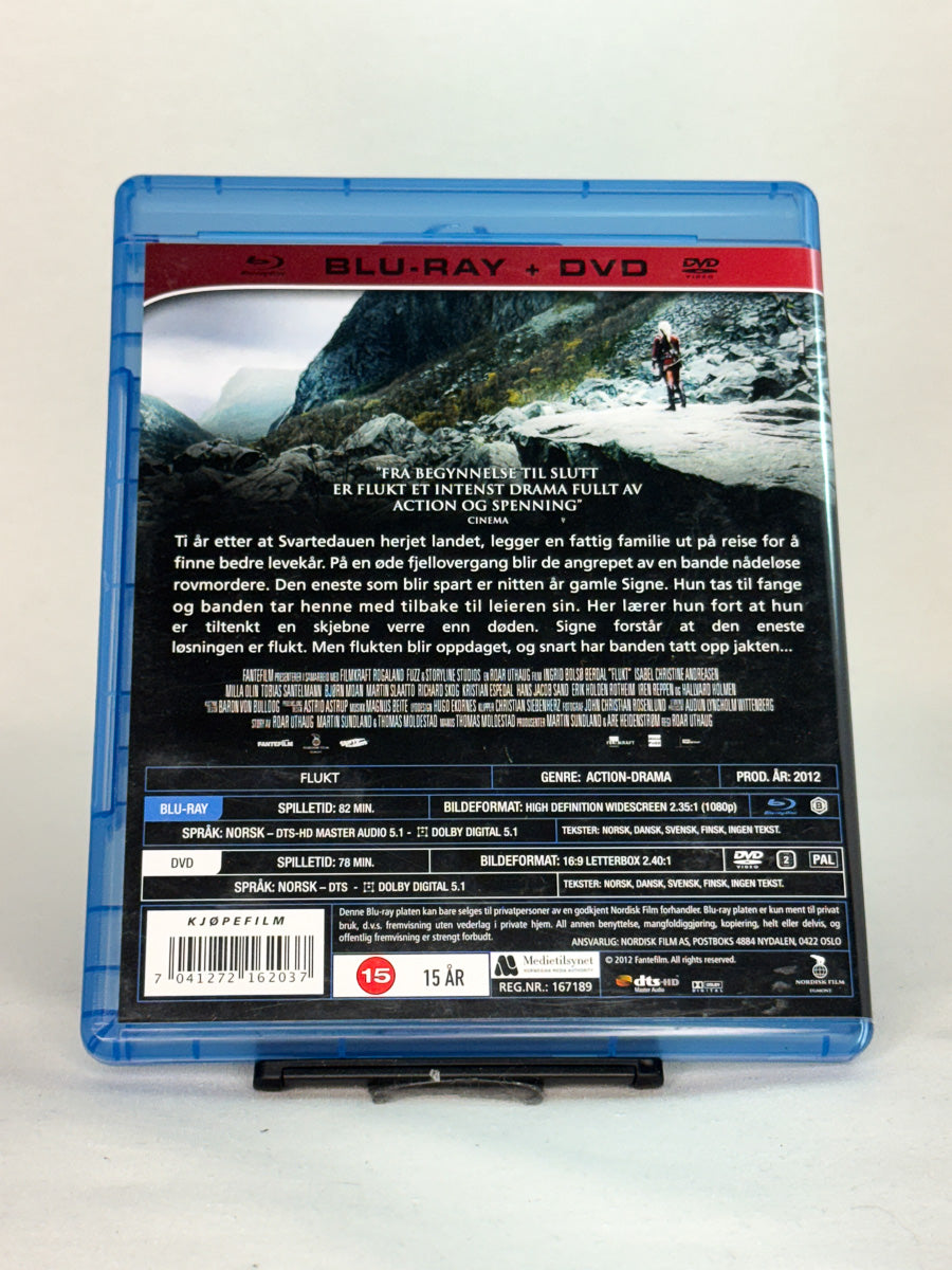 Bakside av Blu-ray-coveret til Flukt – informasjon om handling, skuespillere og ekstramateriale, tilgjengelig hos Brukbar Film.