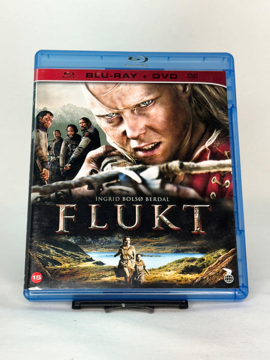 Forside av Flukt på Blu-ray – norsk actiondrama med Ingrid Bolsø Berdal, spennende filmcover fra Brukbar Film.
