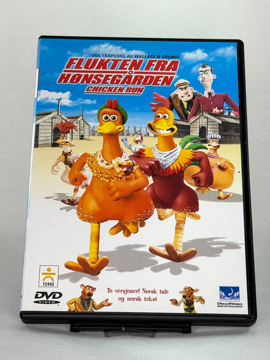 Forside av brukt DVD-film Flukten fra Hønsegården (originaltittel: Chicken Run), animert komedieklassiker fra DreamWorks, filmcover forside tilgjengelig hos Brukbar Film.