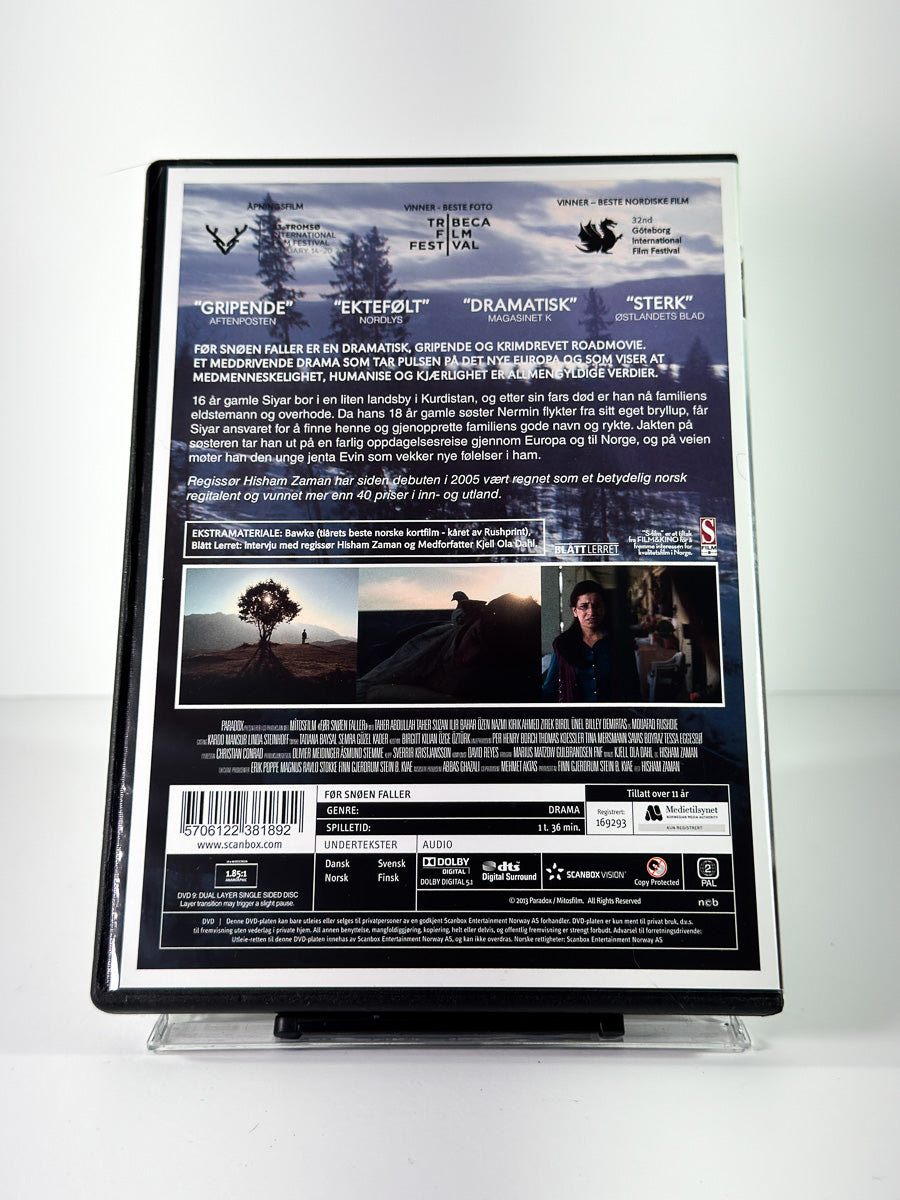 Bakside av cover til Før Snøen Faller, brukt original DVD hos Brukbar Film