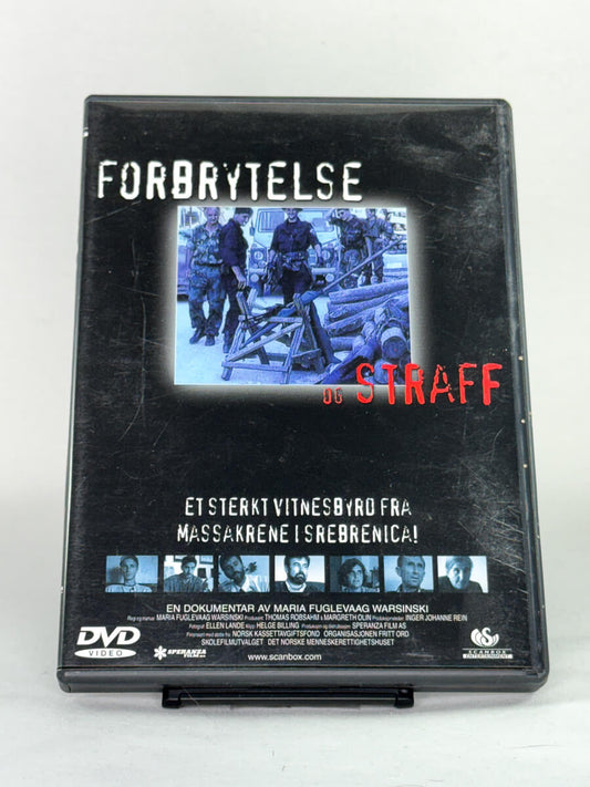 Forside av DVD-cover til Forbrytelse og straff – dokumentar om Srebrenica-massakrene, regissert av Maria Fuglevaag Warsinski, utgitt av Scanbox – brukt dokumentarfilm på DVD tilgjengelig hos Brukbar Film.