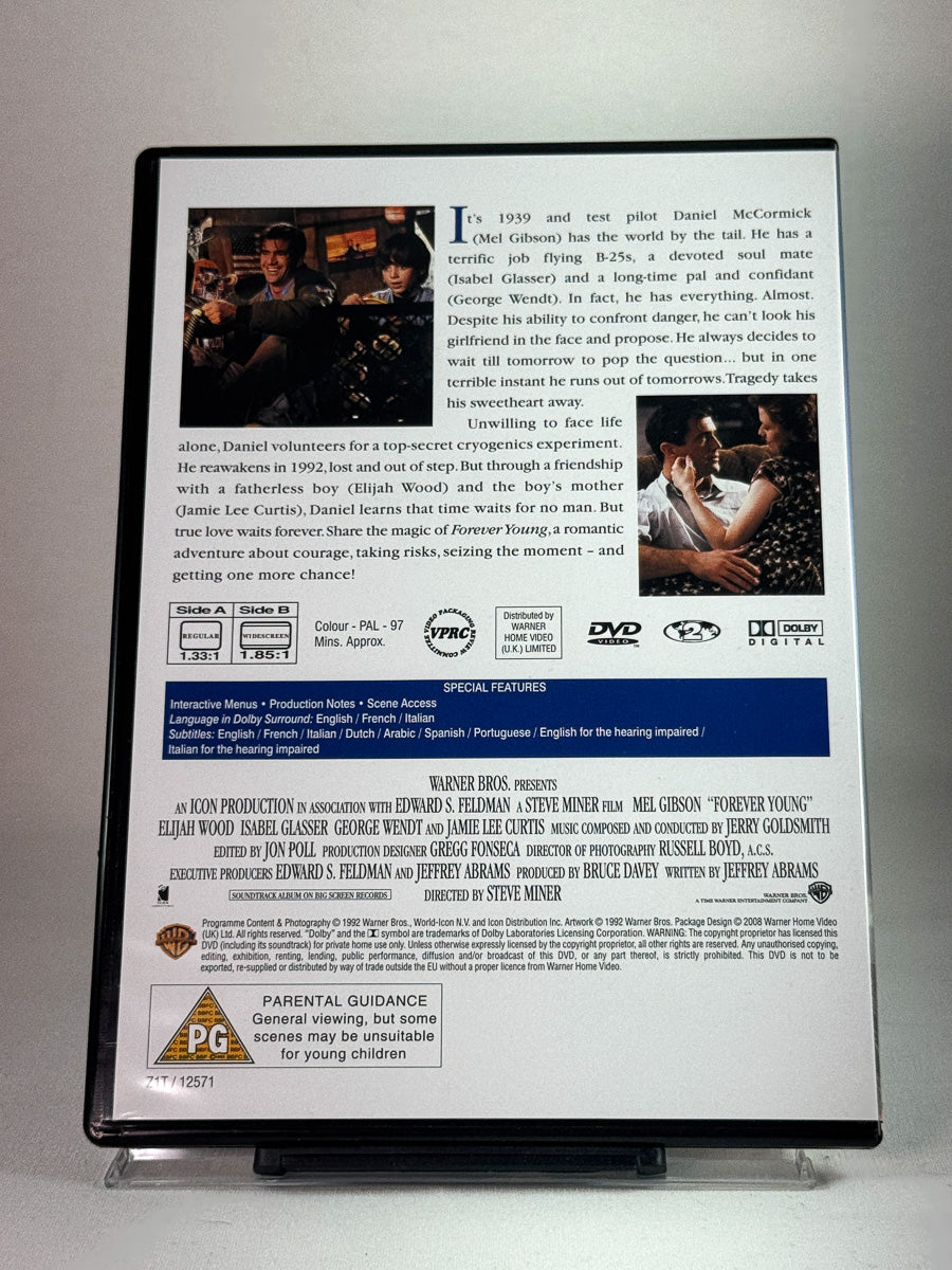 Bakside av DVD-cover for Forever Young – romantisk science-fiction-fortelling, brukt DVD hos Brukbar Film.