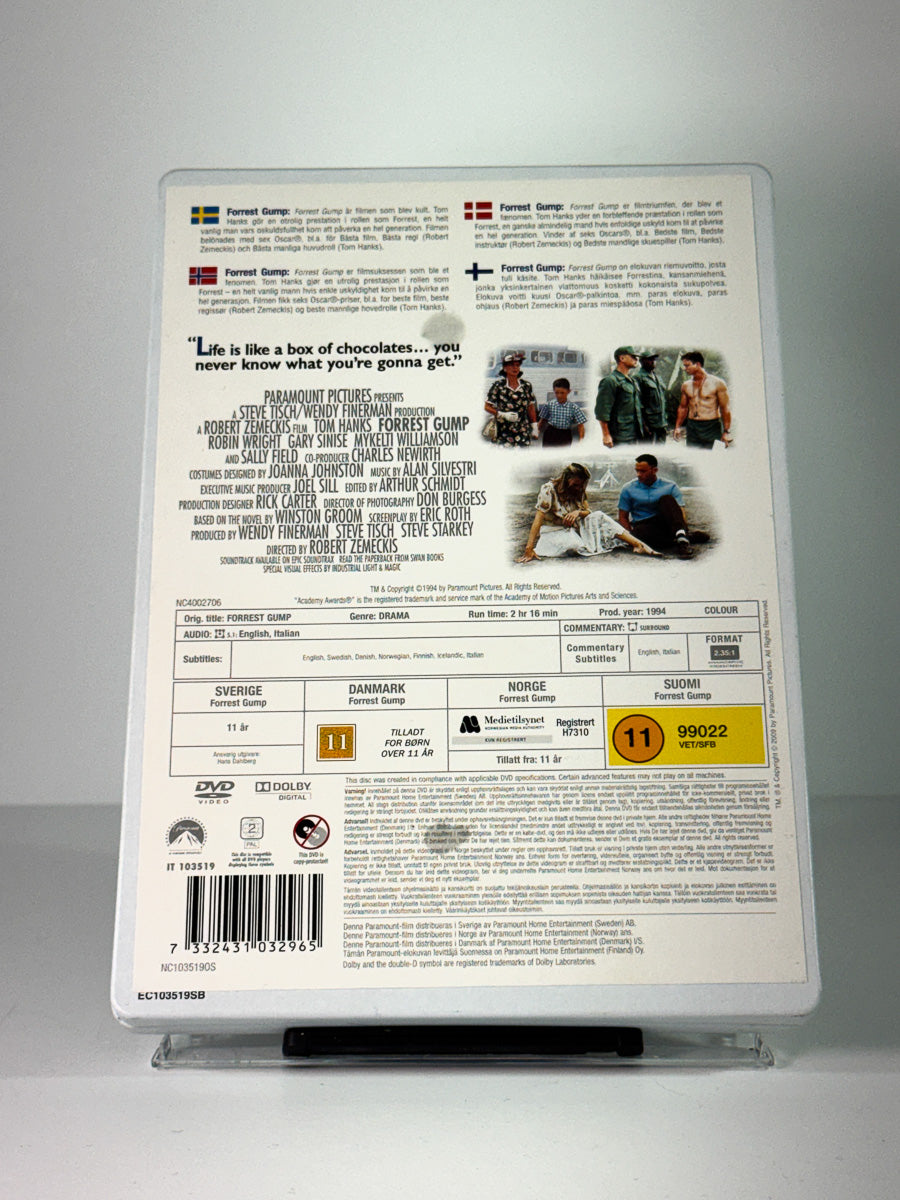 Bakside av cover til forrest gump, brukt original DVD hos Brukbar Film