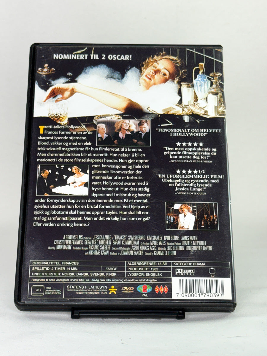 DVD-cover-bakside til filmen Frances – Brukt DVD fra nettbutikken Brukbar Film