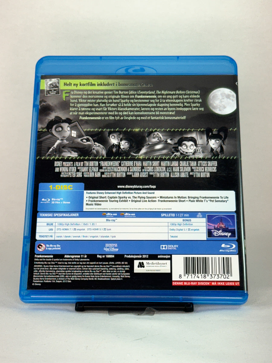 Bakside av Blu-ray-cover til Frankenweenie – brukt stop-motion film med info om innhold og språk, Brukbar Film
