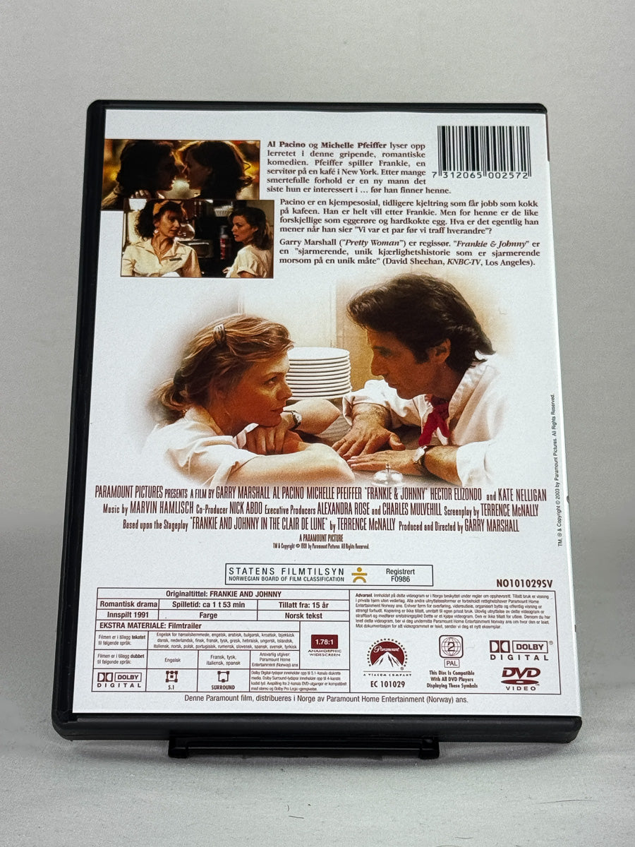 Bakside av DVD-cover til Frankie & Johnny – brukt DVD med omtale og tekniske data, original fra Brukbar Film