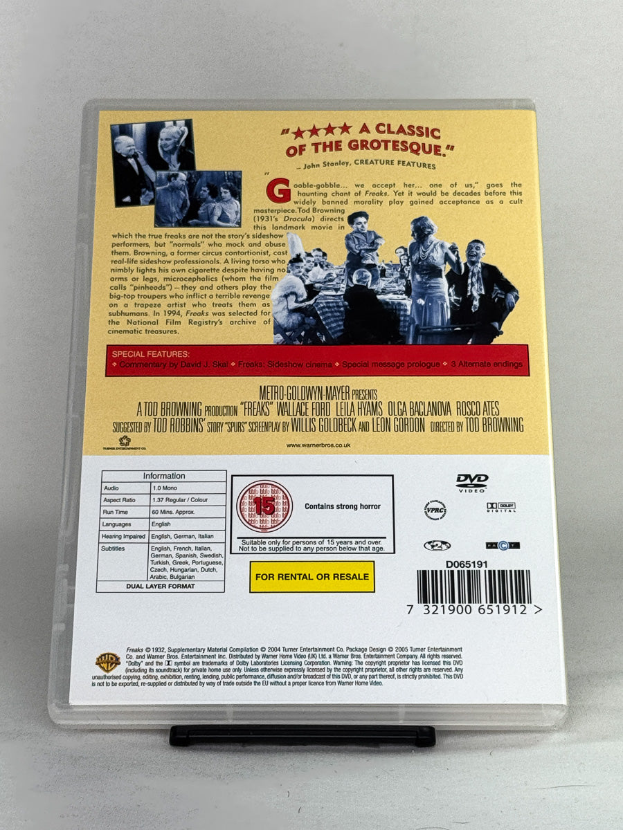 DVD-bakside til filmen Freaks
Baksiden viser info, spesifikasjoner og eventuell ekstratekst – produktbilde fra nettbutikken Brukbar Film