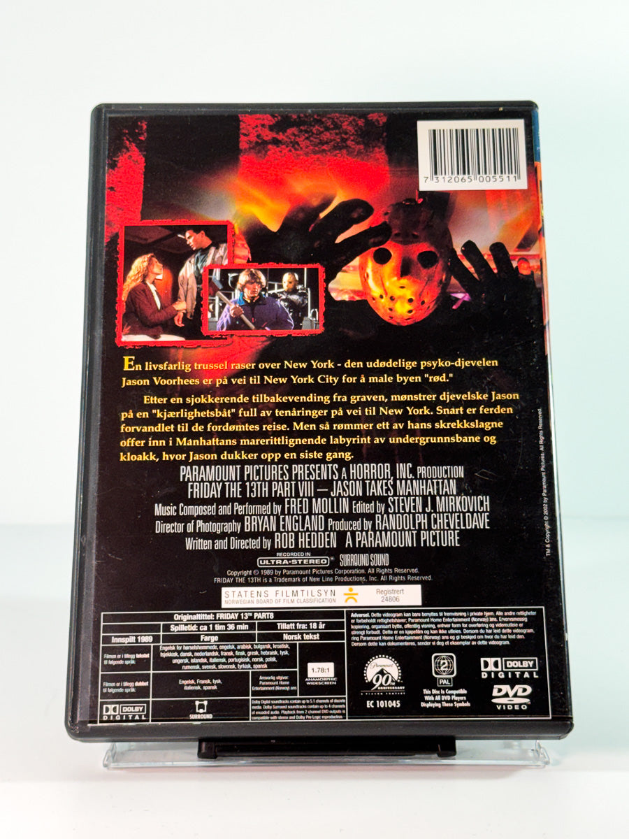 Bakside av cover til fredag den 13 del 8 jason inntar manhattan, bruktfilm hos nettbutikken Brukbar Film