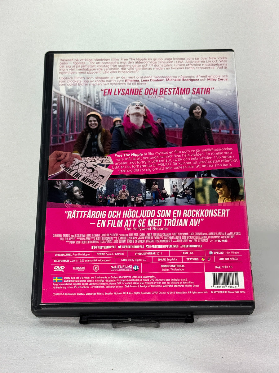 Bakside av DVD-cover til Free the Nipple – brukt DVD-utgave med satirisk film om ytringsfrihet og sensur, tilgjengelig hos Brukbar Film
