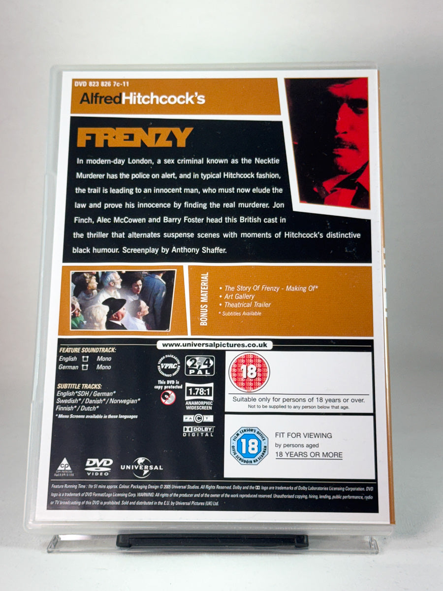 Bakside av DVD-cover for Frenzy – brutal og elegant britisk spenning, brukt DVD hos Brukbar Film.