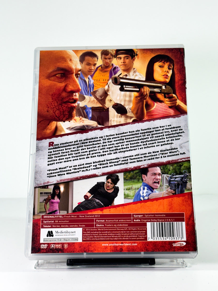 Bakside av cover til Fresh Meat, bruktfilm på DVD hos Brukbar Film