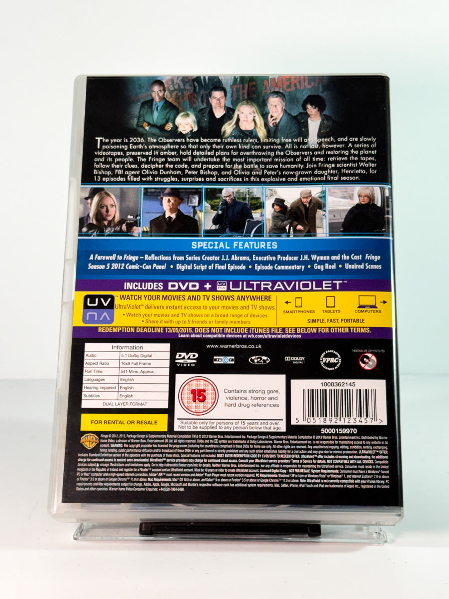 Bakside av cover til Fringe – The Complete Fifth Season, bruktfilm hos nettbutikken Brukbar Film