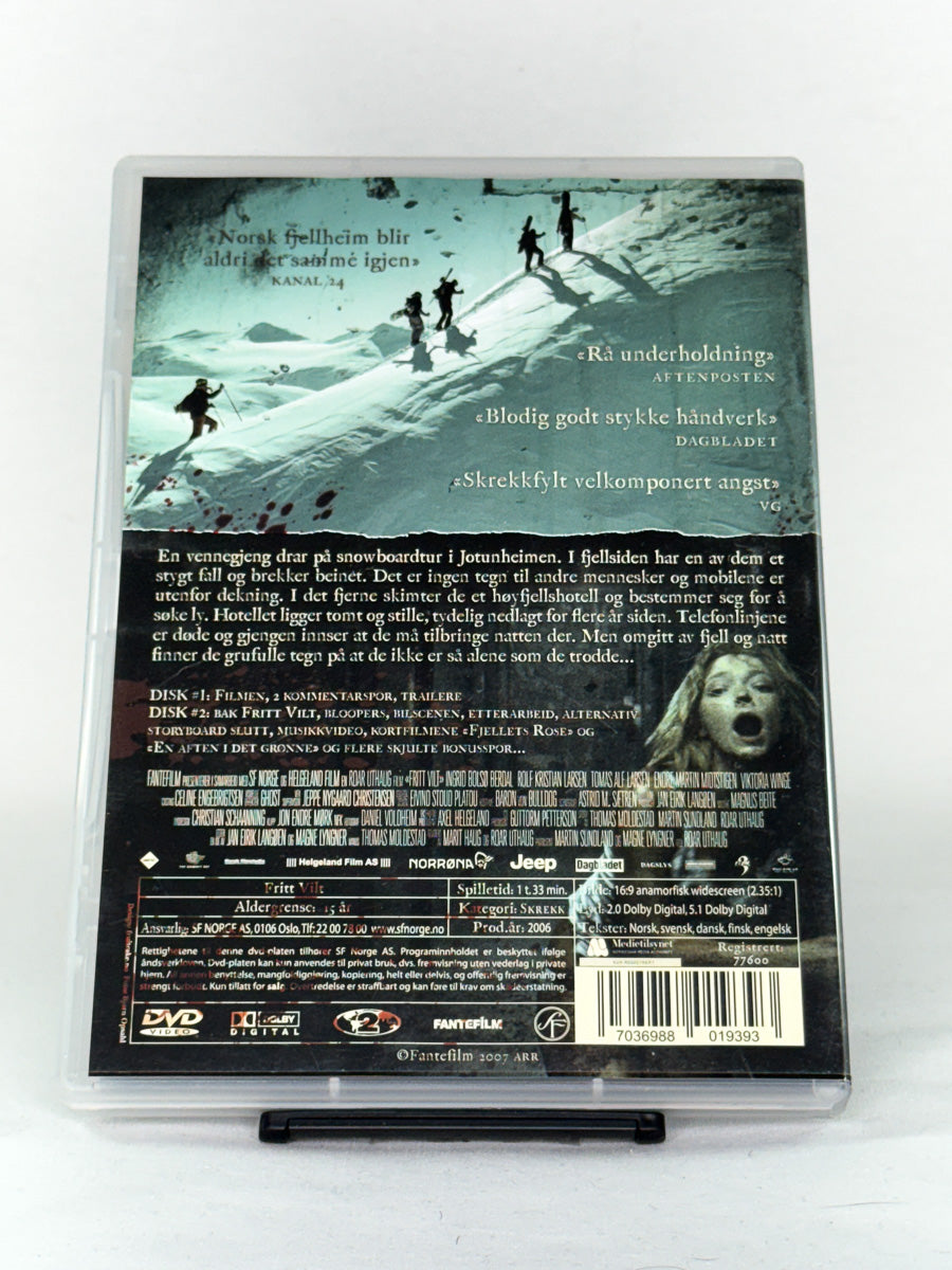 Bakside av DVD-cover til Fritt vilt – beskriver bonusmateriale og detaljer om den norske slasherfilmen fra Fantefilm – brukt DVD tilgjengelig hos Brukbar Film.