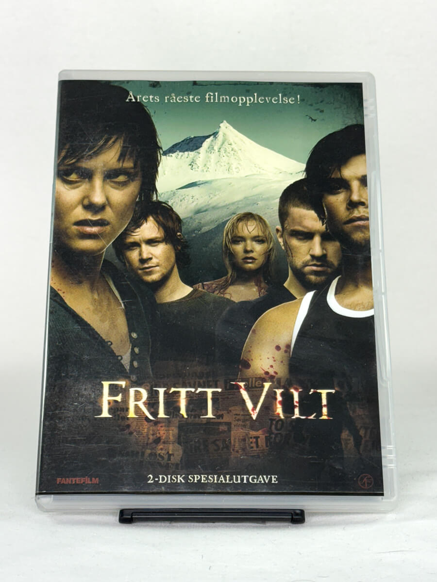 Forside av DVD-cover til Fritt vilt – norsk skrekkfilm regissert av Roar Uthaug med Ingrid Bolsø Berdal, kjent for intense overlevelsesscener i fjellet – brukt DVD hos Brukbar Film.