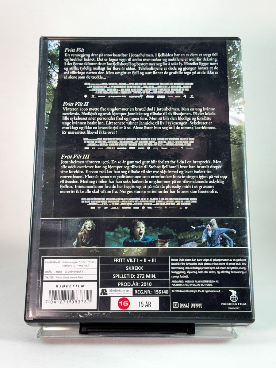 Bakside av DVD-cover til Fritt Vilt-trilogien med innhold og spesifikasjoner hos Brukbar Film