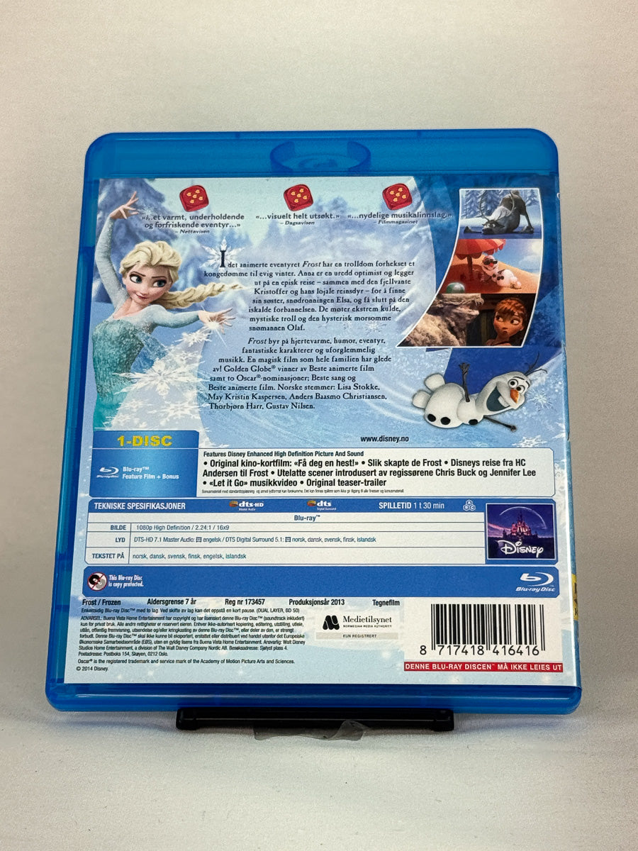 Bakside av Blu-ray-cover for Frost – brukt original Disney animasjonsfilm tilgjengelig hos Brukbar Film