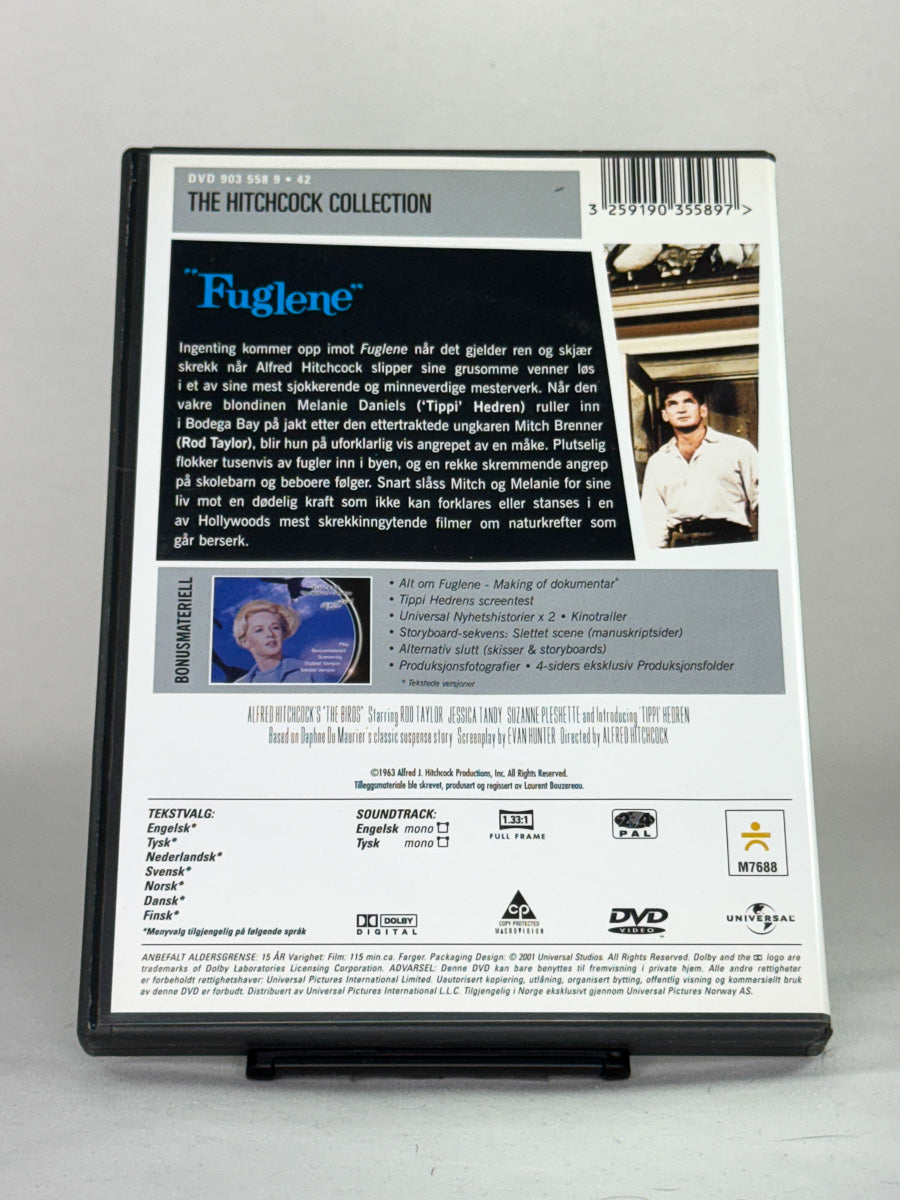 Bakside av DVD-cover til Fuglene (The Birds) – brukt originalfilm på DVD, kjøp klassiske skrekkfilmer hos Brukbar Film.