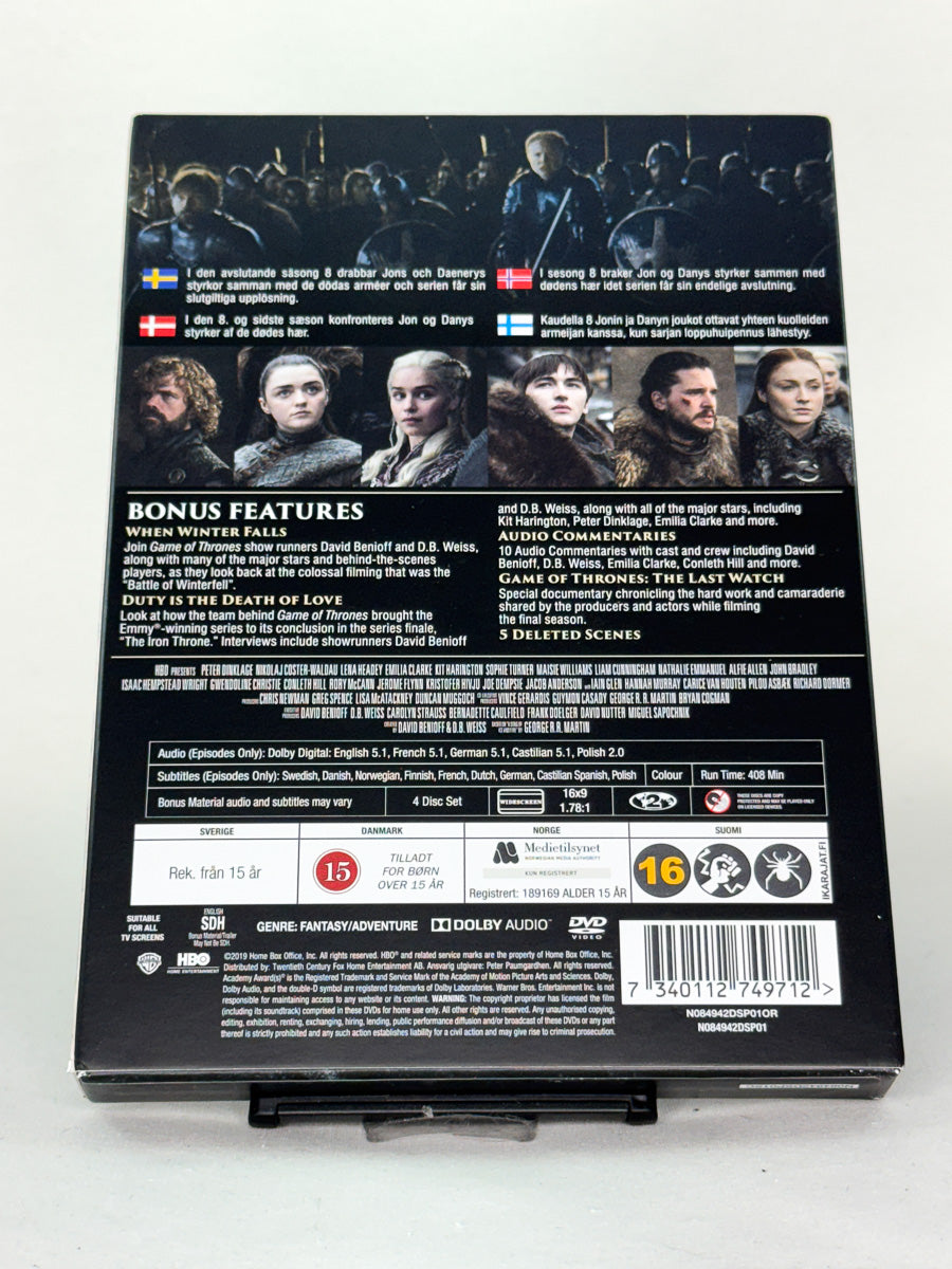 Bakside av DVD-cover til Game of Thrones – Sesong 8 – komplett siste sesong med ekstramateriale, brukt fantasyserie på DVD fra Brukbar Film