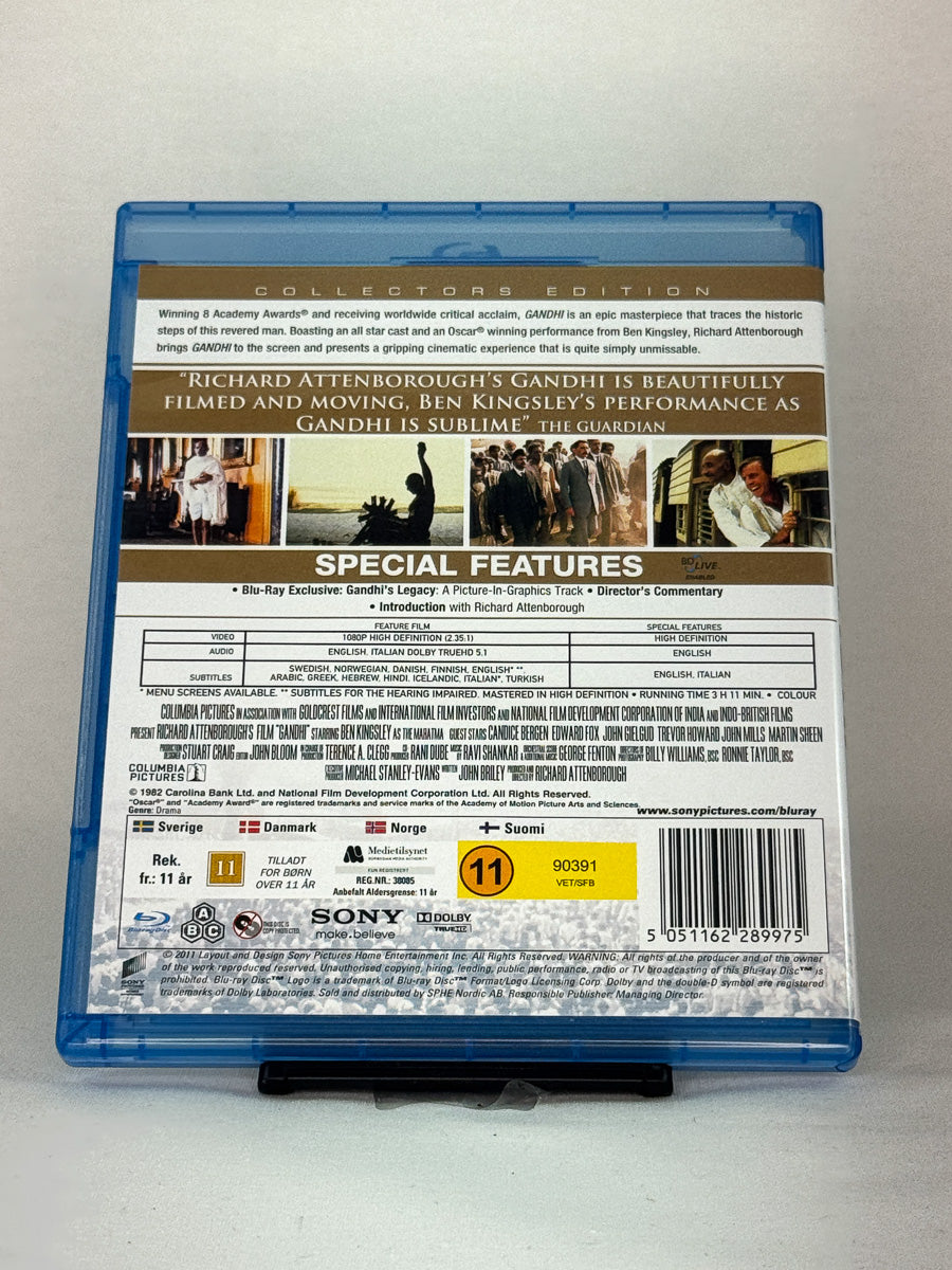 Bakside av Blu-ray-cover for Gandhi – brukt historisk drama på Blu-ray fra Brukbar Film