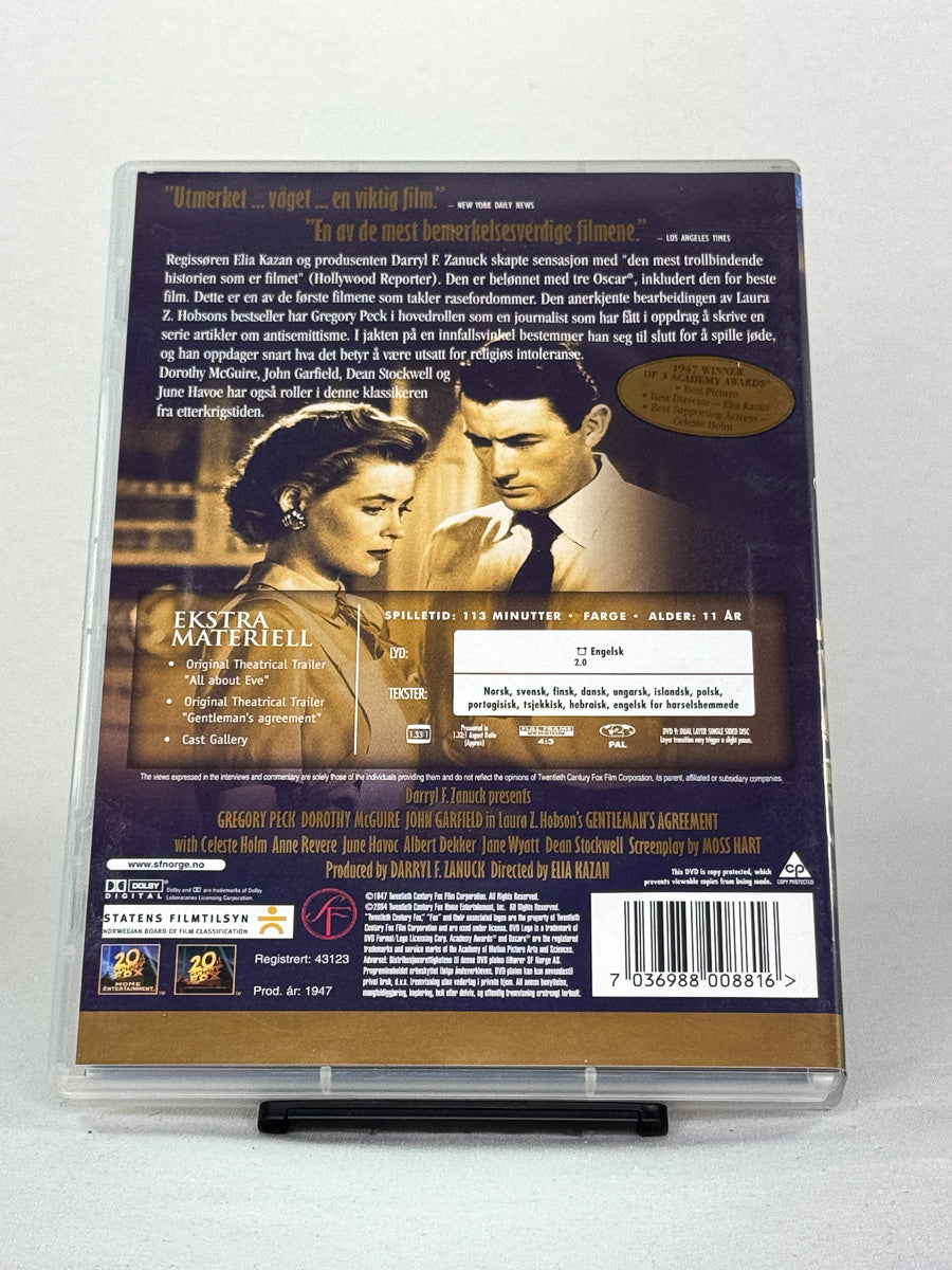 Bakside av Gentleman’s Agreement – sterk film om fordommer og rettferdighet i etterkrigstidens USA, brukt DVD fra Brukbar Film.