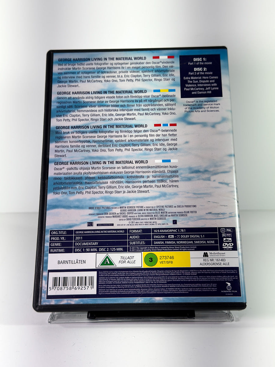 Bakside av cover til George Harrison: Living in the Material World, brukt original DVD hos Brukbar Film