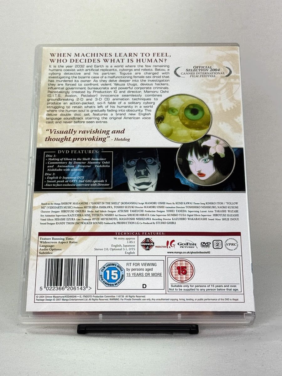 Bakside av DVD-cover for filmen Ghost in the Shell 2: Innocence – brukt originalfilm på DVD, tilgjengelig hos Brukbar Film