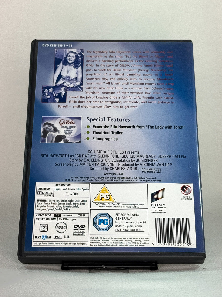 Bakside av DVD-cover til Gilda – brukt klassiker på DVD, originalutgave fra Brukbar Film