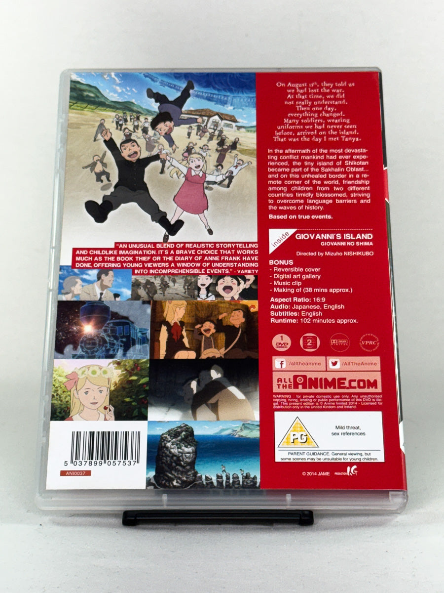 Bakside av DVD-cover for filmen Giovanni's Island – brukt originalfilm på DVD, tilgjengelig hos Brukbar Film
