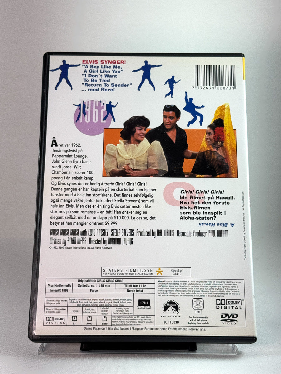 Bakside av DVD-cover til Girls! Girls! Girls! brukt DVD-utgave med informasjon om musikkinnslag og filmdata hos Brukbar Film