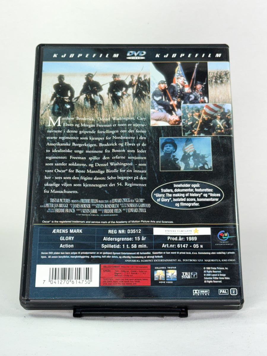 Bakside av DVD-cover til Glory (Ærens mark) – brukt DVD med filmomtale og tekniske detaljer, original fra Brukbar Film
