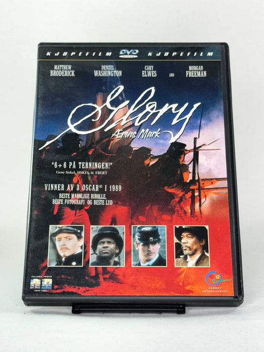 Forside av DVD-cover til Glory (Ærens mark) – krigsdrama med Denzel Washington, Morgan Freeman og Matthew Broderick, brukt film hos Brukbar Film