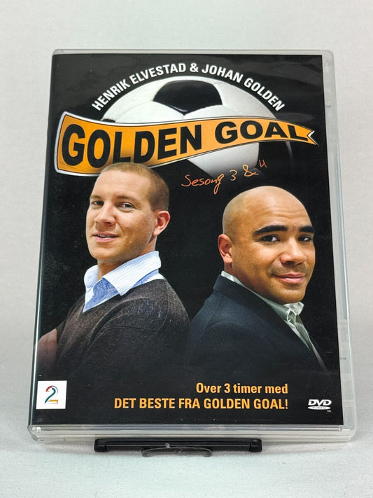 Forside av DVD-cover til Golden Goal – Sesong 3 & 4 med Henrik Elvestad og Johan Golden, brukt TV-underholdning på DVD fra Brukbar Film