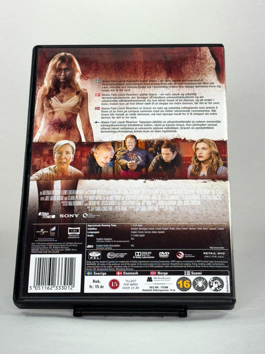 Bakside av DVD-cover til Grace: The Possession – skrekkfilm om besettelse og religiøs terror – original brukt DVD hos Brukbar Film.