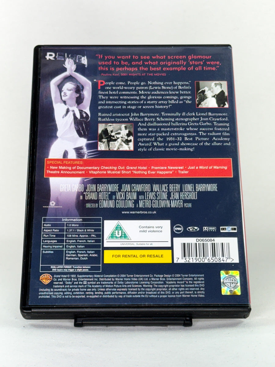 Bakside av DVD-cover for filmen Grand Hotel – brukt originalfilm på DVD, klassiker tilgjengelig hos Brukbar Film