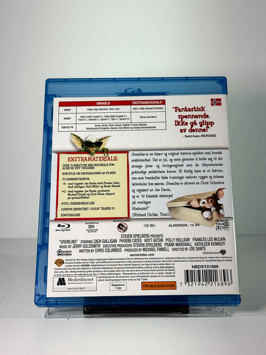 Bakside av cover til Gremlins, brukt original Blu-ray hos Brukbar Film