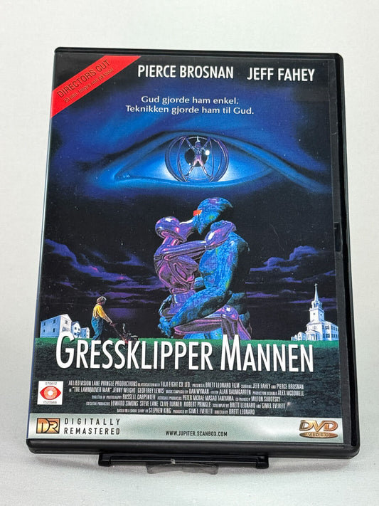 Forside av brukt DVD-film Gressklippermannen (originaltittel: The Lawnmower Man), sci-fi-thriller basert på Stephen Kings historie, filmcover forside hos Brukbar Film.