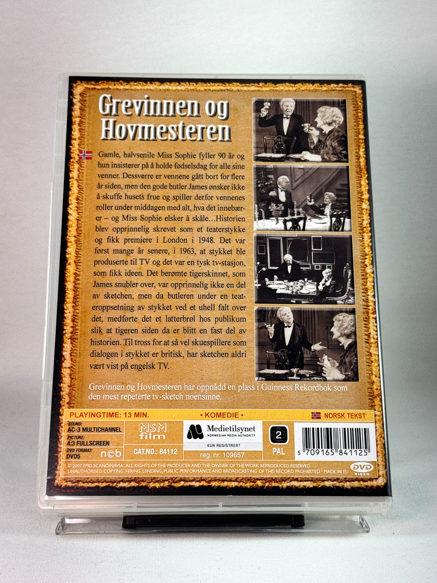 Bakside av cover til Grevinnen og hovmesteren, bruktfilm hos nettbutikken Brukbar Film