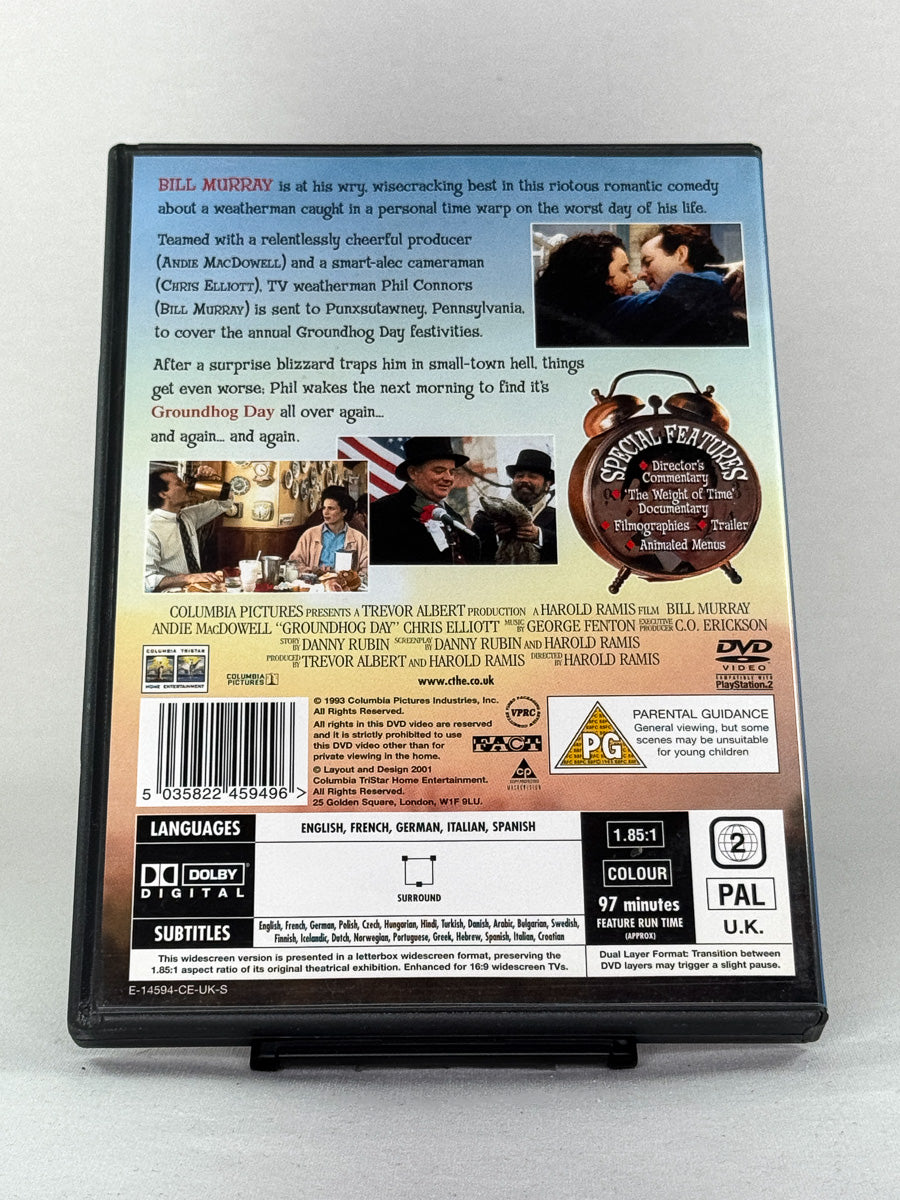 Bakside av Groundhog Day – tidløs favoritt om å leve den samme dagen igjen og igjen, brukt DVD fra Brukbar Film.